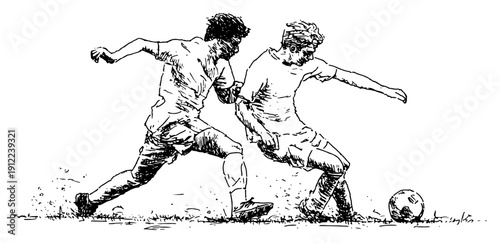 Artistic hand drawn illustration of professional soccer players running toward the ball