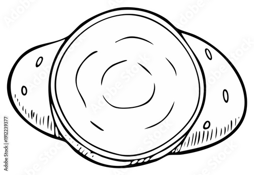 Hand drawn illustration of a bowl of mashed potatoes with three whole potatoes