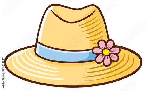 Cheerful yellow straw hat with a light blue ribbon and decorative pink flower design