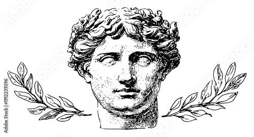 Classical marble statue head with laurel wreath hand drawn sketch