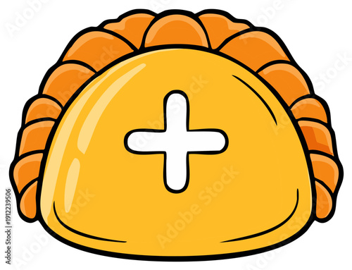 Distinctive golden pastry dumpling with a white plus symbol, cartoon style