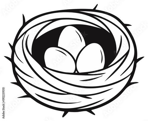 Bird's Nest with Three Eggs in Black and White Silhouette