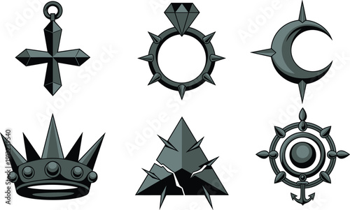 Dark fantasy gothic symbol set, metallic crosses crowns rings amulets icons, mysterious occult jewelry elements, dramatic medieval emblem vector illustration