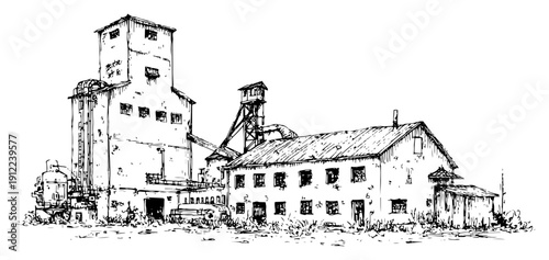 Hand drawn ink sketch of an old industrial factory building with a tower and warehouse