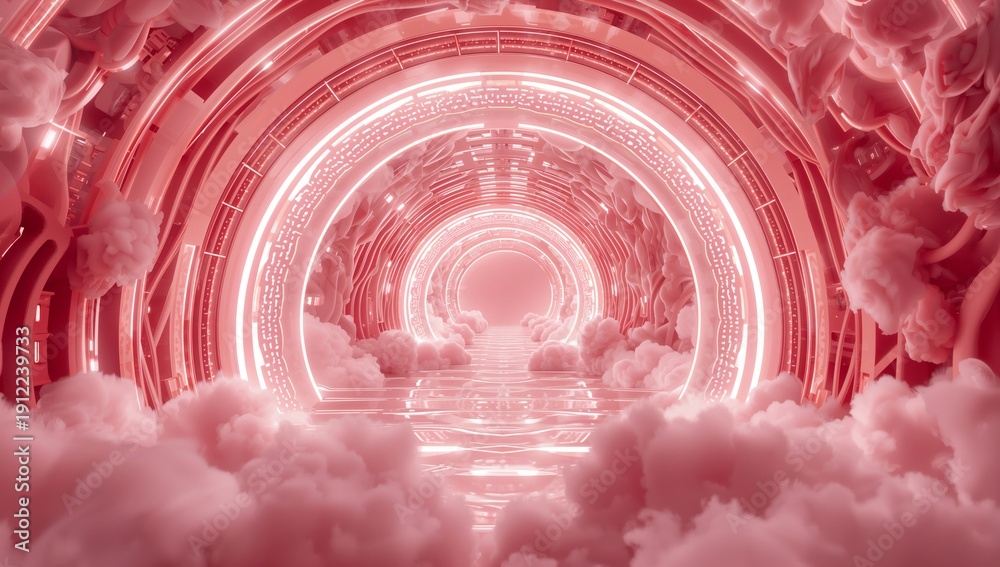 Fototapeta premium Light Forms Create a Tunnel in a Digital Space With Pink Clouds