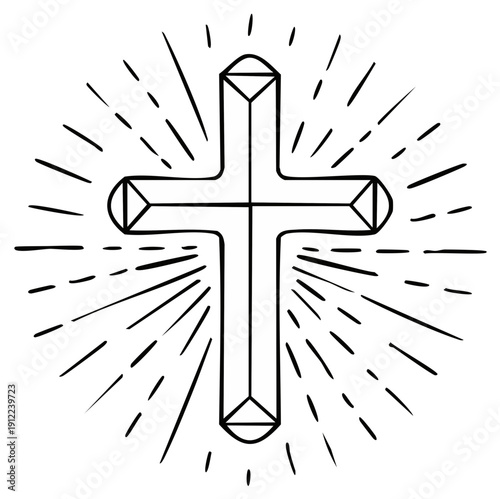 Outline of a religious cross with emanating light rays in a minimalist style
