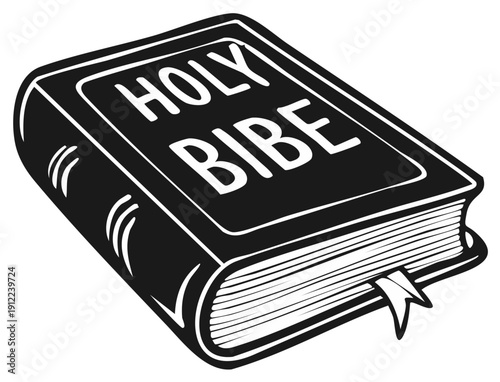 Black and White Illustration of a Closed Holy Bible Open Book with Ribbon Bookmark