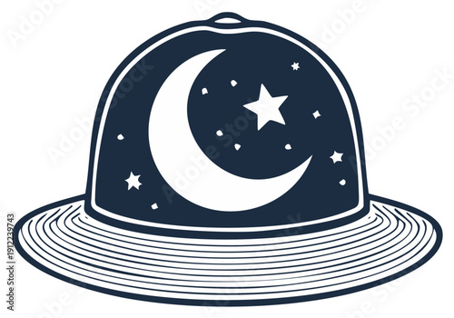 Stylized Bell Shape Hat with Crescent Moon and Stars Artwork