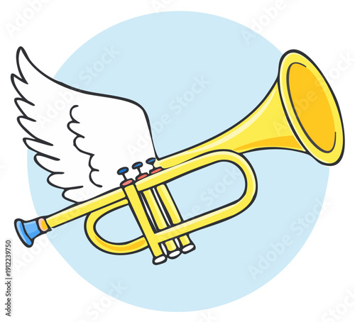 Whimsical golden trumpet with white wings soaring music symbol illustration