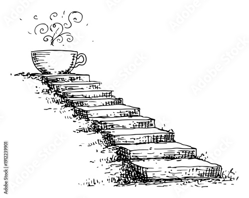 Surreal hand drawn sketch of a staircase leading to a hot cup of coffee representing a morning goal