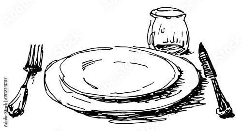 Black and white vector drawing of an empty dinner plate with fork and knife