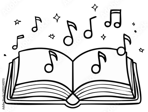 Open Music Book with Floating Notes and Stars Illustration