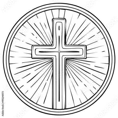 Christian cross emblem with radiating light rays inside a circular border line art