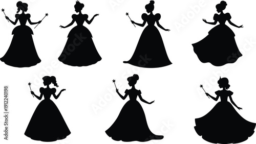 Princess fairy silhouette collection, elegant female characters with magic wands, fantasy royalty poses, fairytale illustration set, black vector design