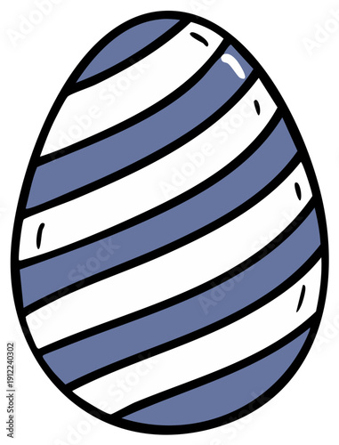 Hand drawn cartoon illustration of a blue and white striped decorative Easter egg