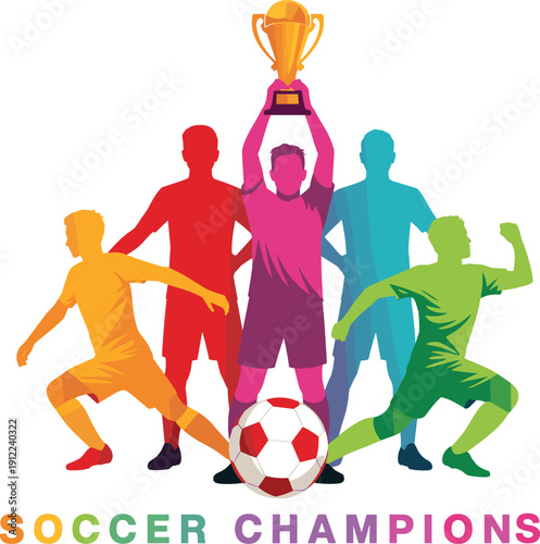 Soccer champions celebrating victory, colorful team players lifting trophy, football winners illustration, championship success concept, modern flat vector design artwork