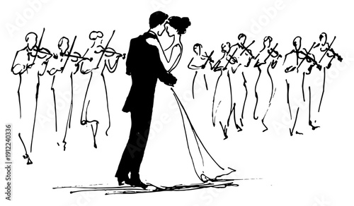 Bride and groom dancing while orchestra plays violins in the background