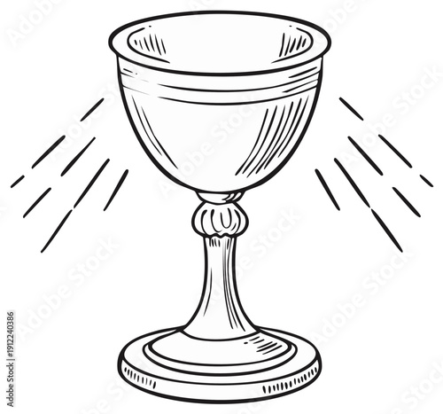 Ornate Cup Hand-Drawn Illustration, Light Beams, Holy Grail, Chalice Icon, Antique Style