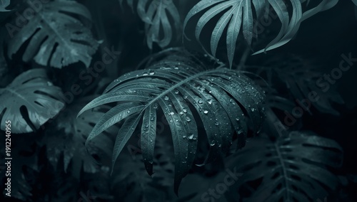 Lush Green Leaves With Water Droplets in a Shadowy Indoor Garden Space