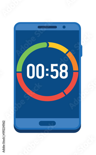 smartphone screen with large countdown circle progress ring around numbers app timer concept . colored flat icon vector illustration