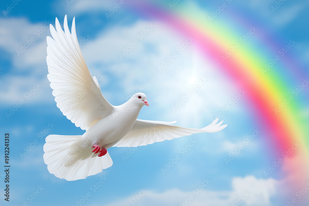 Fototapeta premium White dove of peace flying in a blue sky with a vibrant rainbow