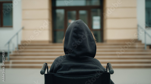 Rear view of a person in a wheelchair facing an inaccessible building with stairs