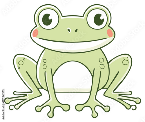 Cartoon green frog with big eyes and rosy cheeks smiling cheerfully