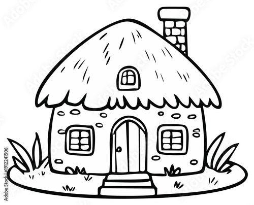 Cartoon-style thatched roof cottage with chimney and grass