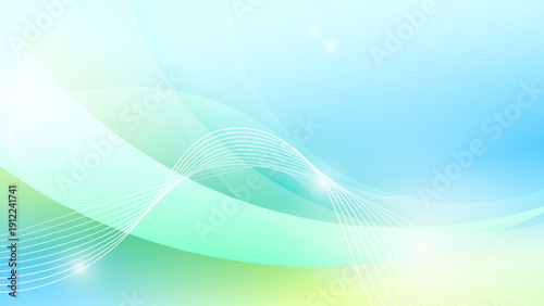 Abstract blue and green background with smooth flowing wave lines and light sparkles, modern technology and business concept