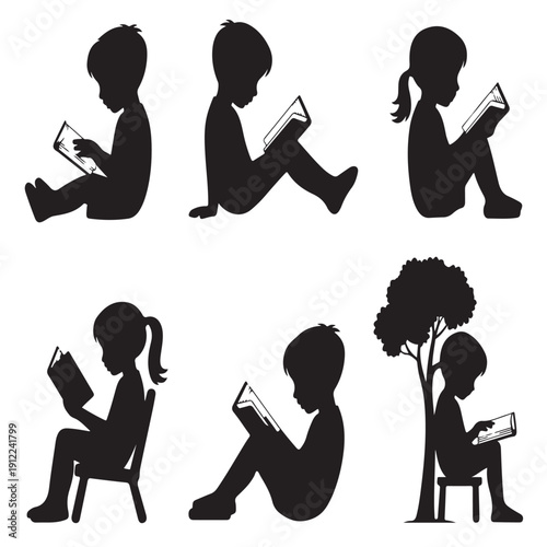 Group of children silhouettes reading books sitting on floor and chair under tree enjoying stories educational activity learning time joyful childhood moments black and white vector