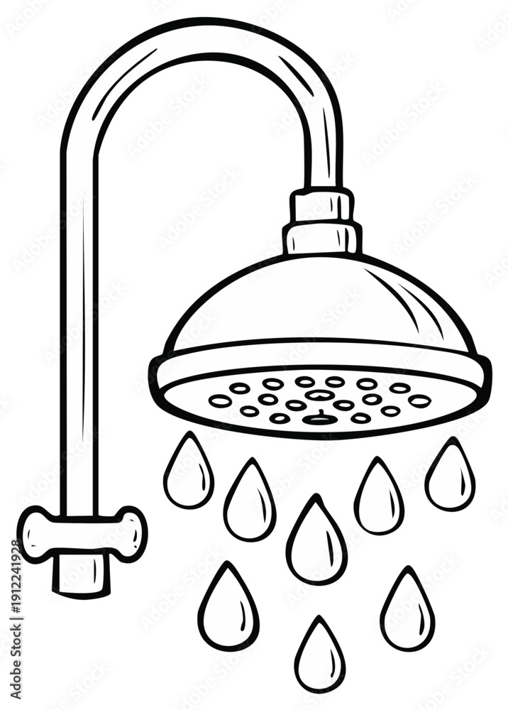 Obraz premium Simple cartoon illustration of a shower head with falling water droplets
