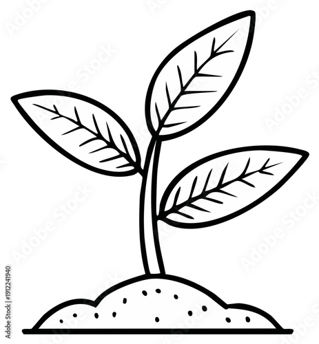 Simple line drawing of a young plant sprouting from soil with three leaves