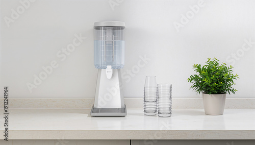 White water dispenser with clear cups and green plant water cooler appliance