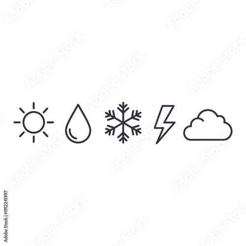 Set of weather icons including sun, rain, snowflake, lightning, and cloud in a line.