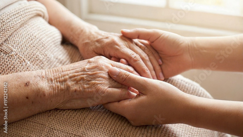 Close-up of an elderly person's hands gently held by younger hands, symbolizing care, compassion, and the bond between generations. The image reflects warmth, support, and human connection. 
