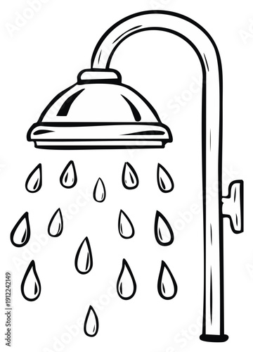 Cartoon Shower Head Spraying Water Droplets Falling Down