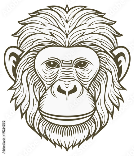 Intricate Line Art Design of a Monkey Head Portrait. Detailed Fur Texture and Expressive Eyes. Unique Wildlife Vector Graphics Illustration.