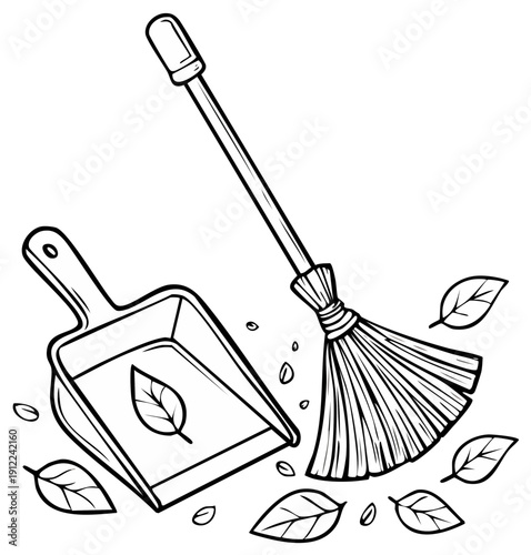 Simple outline drawing of a broom and dustpan with scattered autumn leaves on the ground