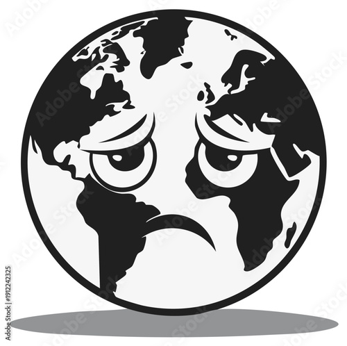Sad Earth Globe Cartoon Illustration Black and White Vector