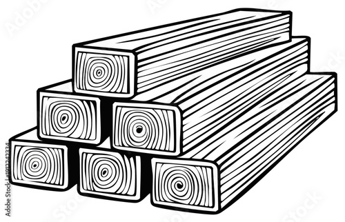 Stacked wooden lumber beams in a simple line drawing style
