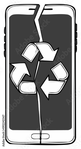 Broken smartphone with recycling symbol illustration representing electronic waste sustainability