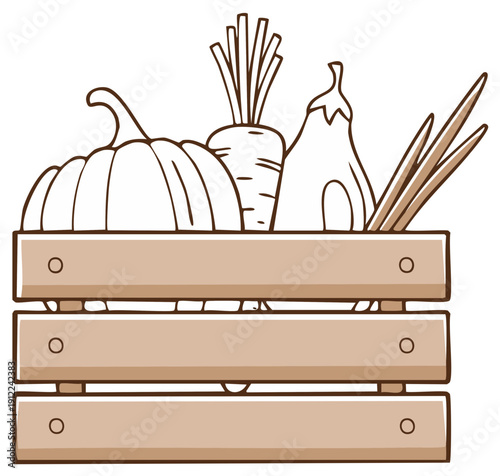 Cartoon Wooden Crate Filled with Fresh Harvest Vegetables