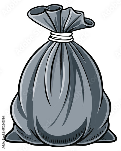 Cartoon style grey trash bag tightly tied, symbolizing waste disposal, recycling, or household garbage.