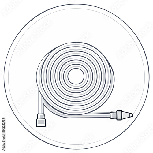 Circular graphic of a coiled fire hose with nozzle and connector elements