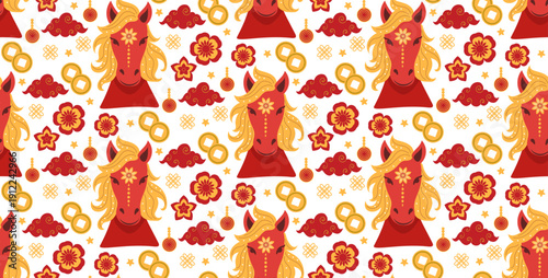 Seamless horse heads Chinese New Year pattern with lucky icons