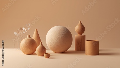 Wooden Vases and Sculptural Objects Arranged on Table With Neutral Background...