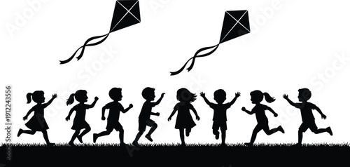 Black Silhouette Vector Illustration of Happy Children Running and Playing with Kites on a Grass Field During a Sunny Summer Day