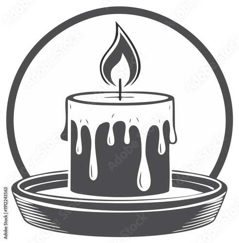 Elegant monochrome candle flame illustration in a circular frame with wax drips