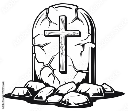 Stone tombstone with a cross icon, memorial gravestone, cemetery illustration.