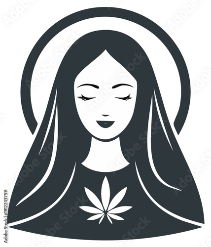 Illustration of a serene woman wearing a garment with a cannabis leaf symbol